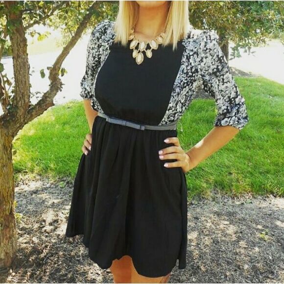 Black flower sleeve with belt women's dress - Picture 1 of 11